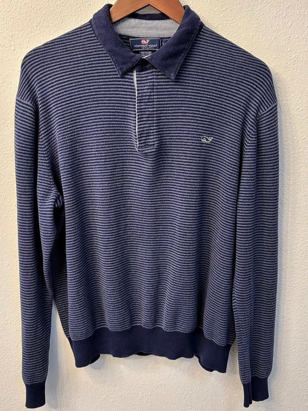 Vineyard Vines Striped Long Sleeve Polo Blue & White Large